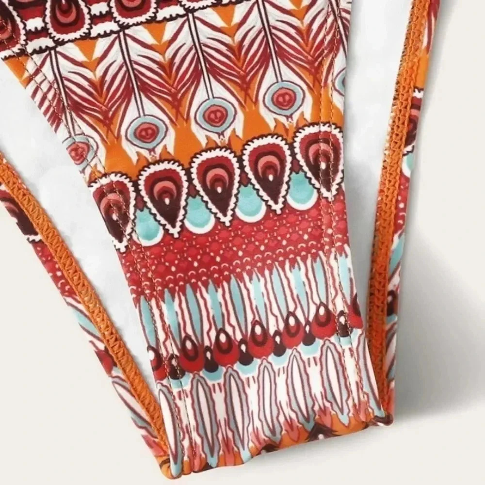 NEW! Boho Ruffled Feather Print Ruffle Triangle Bikini - Picture 8 of 10